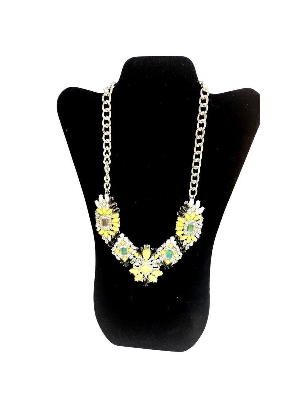 Vintage-Style Statement Necklace With Yellow & White Crystal Accents On Silver C